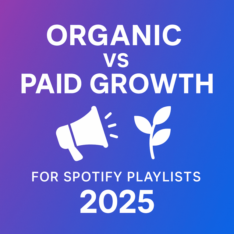 Organic vs Paid Spotify Growth 2025 cover image with gradient background, plant icon for organic growth and megaphone for paid promotion