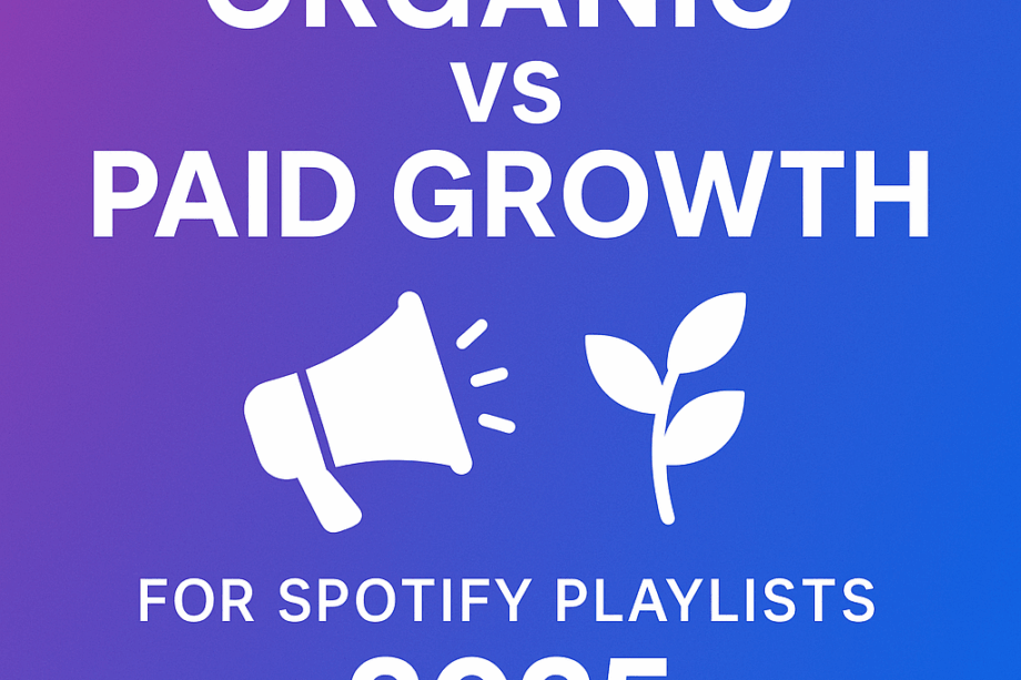 Organic vs Paid Spotify Growth 2025 cover image with gradient background, plant icon for organic growth and megaphone for paid promotion