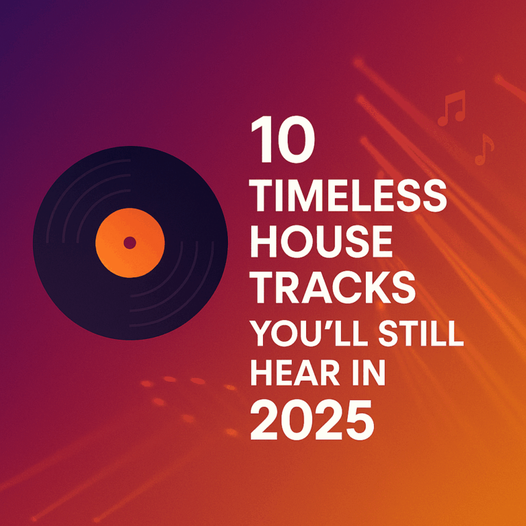 Timeless house tracks 2025 cover image with vinyl record and dancefloor lights