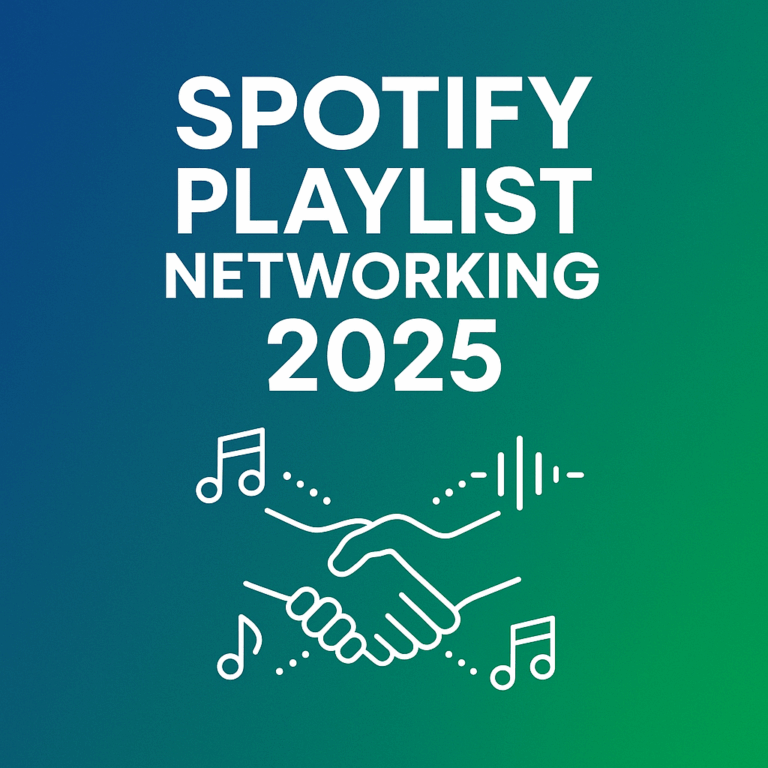 Spotify playlist networking 2025 cover image with handshake and music wave icons.